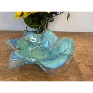Vintage Hand Blown Art Glass Flower Bowl Aqua Teal Cobalt‎ Swirl Decor